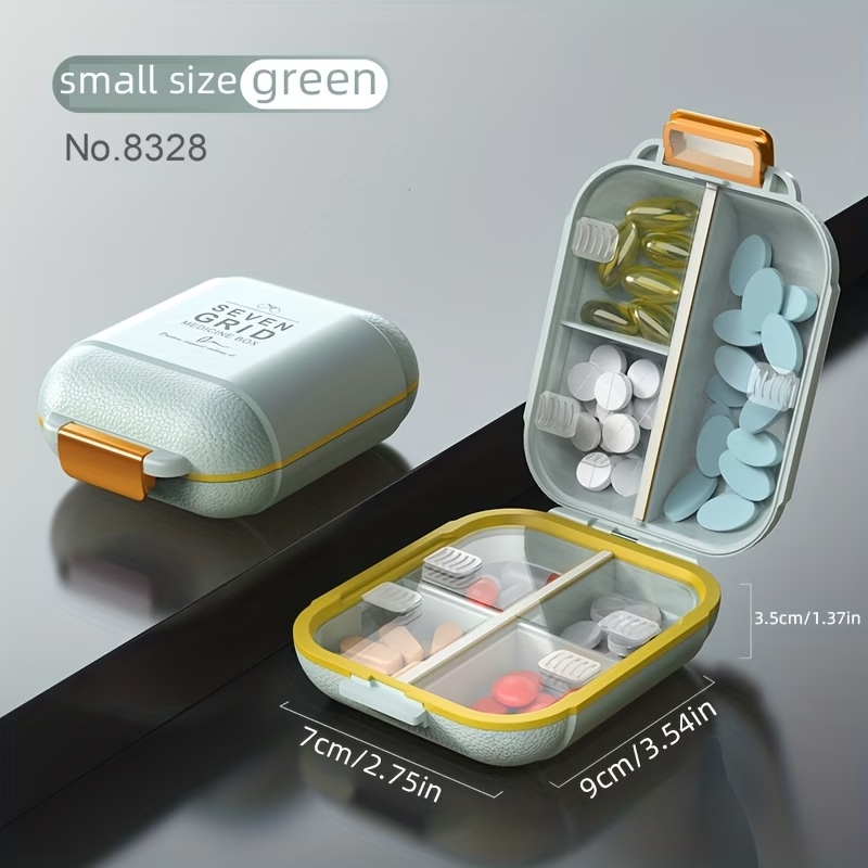 The green pill box with the dimensions 9 × 7 cm