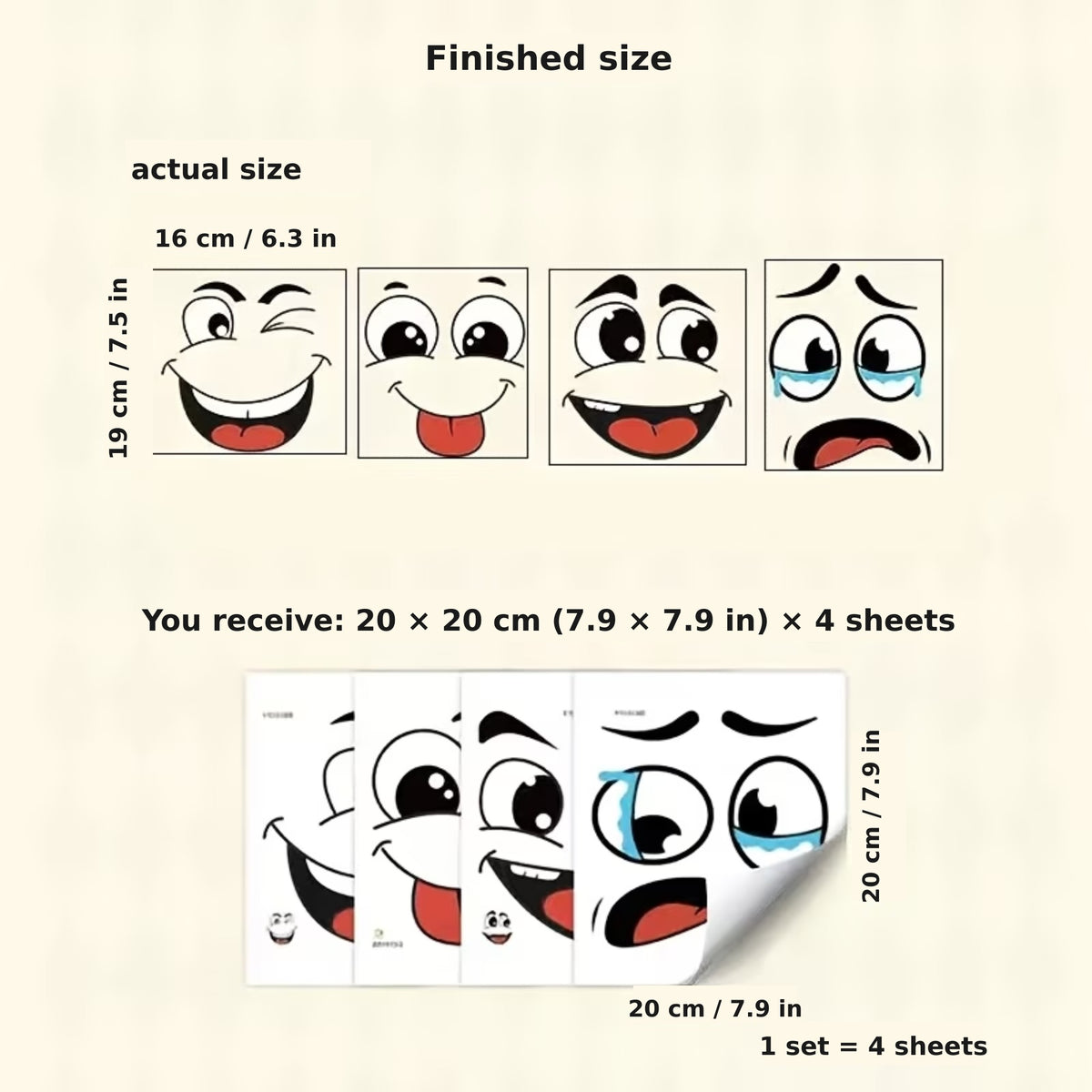 Size guide for the sticker sheet, 20 x 20 cm (7.9 x 7.9 in)