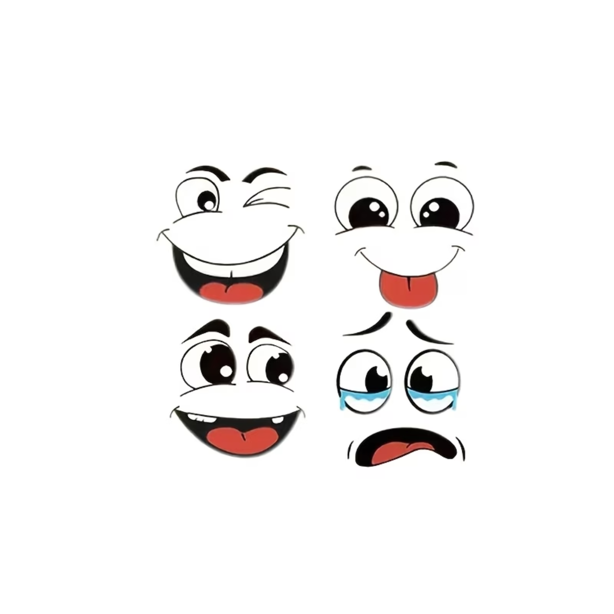 Four wheelie bin stickers with cartoon faces on grey bins