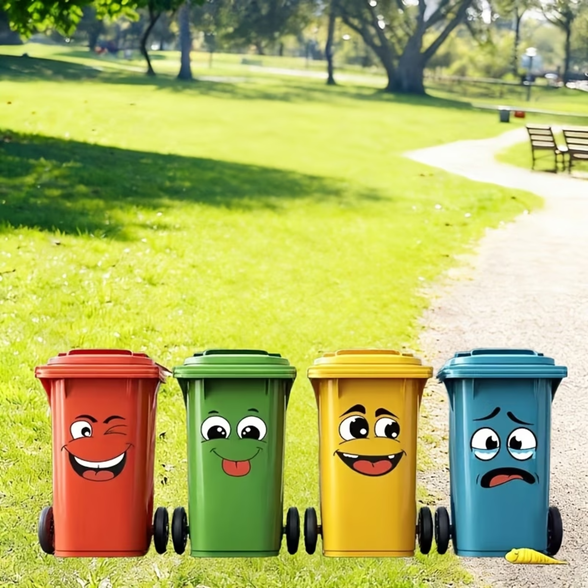 Four colourful wheelie bins with cartoon face stickers in front of a white fence