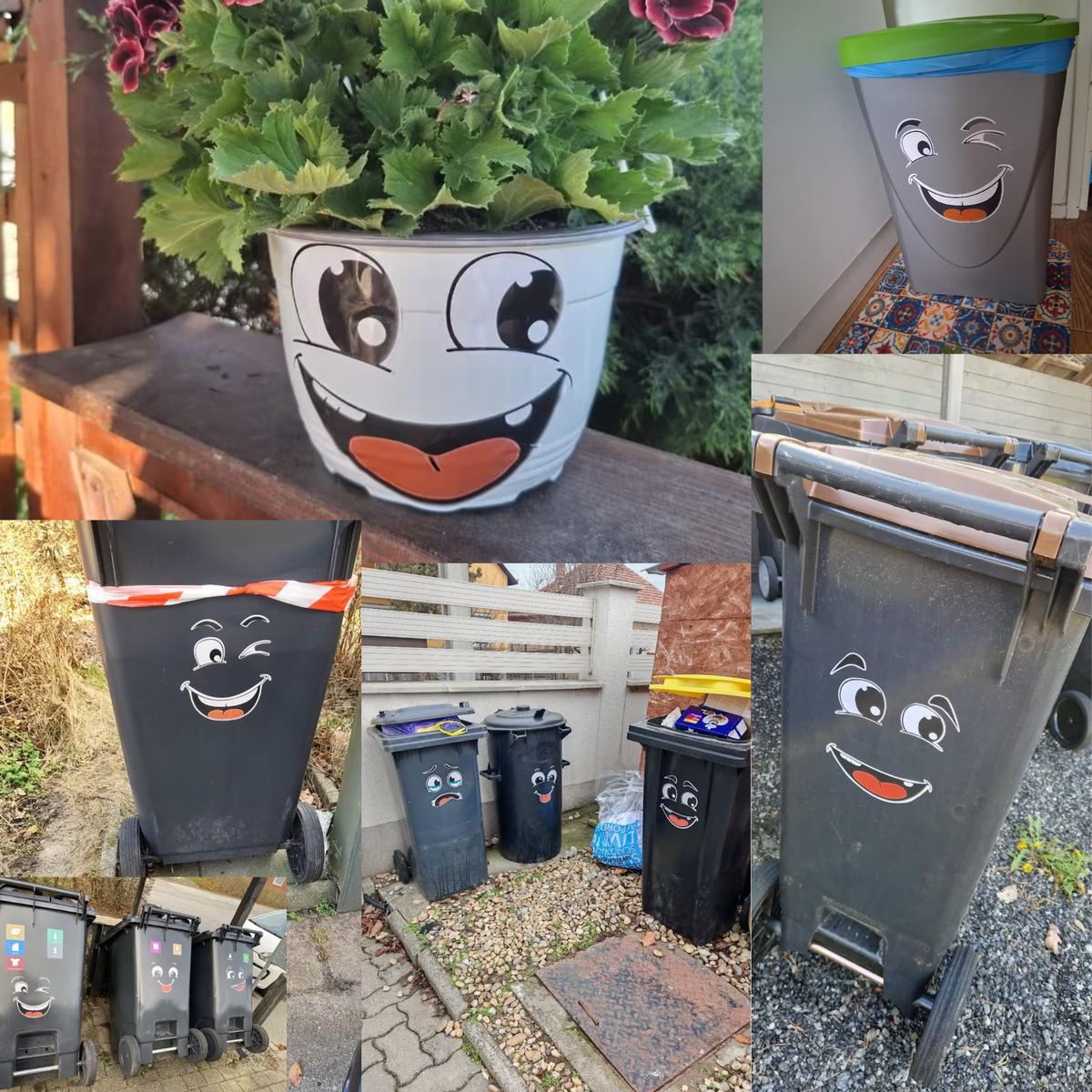 Four wheelie bin stickers with cartoon faces on grey bins
