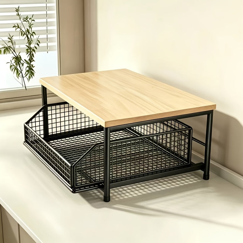 The countertop shelf with wooden top and pull-out basket on the kitchen worktop
