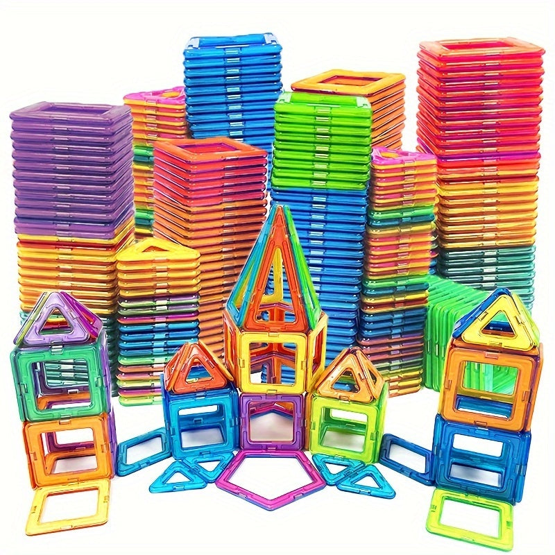 Towers and builds made from colourful magnetic tiles