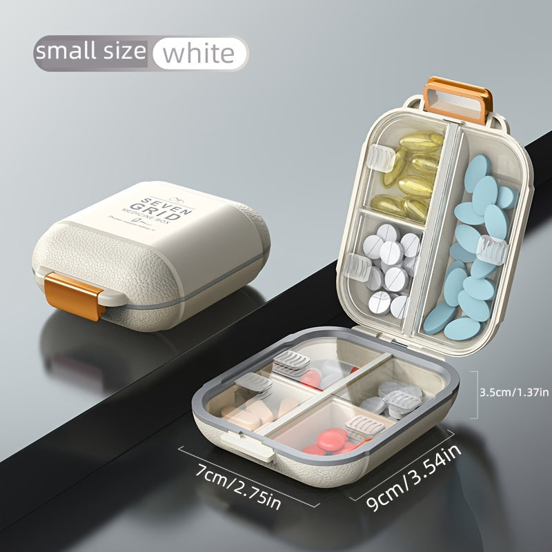 The white pill box open with tablets in the compartments