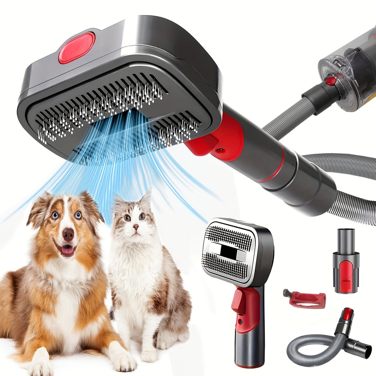 The brush head on the vacuum next to a dog and cat