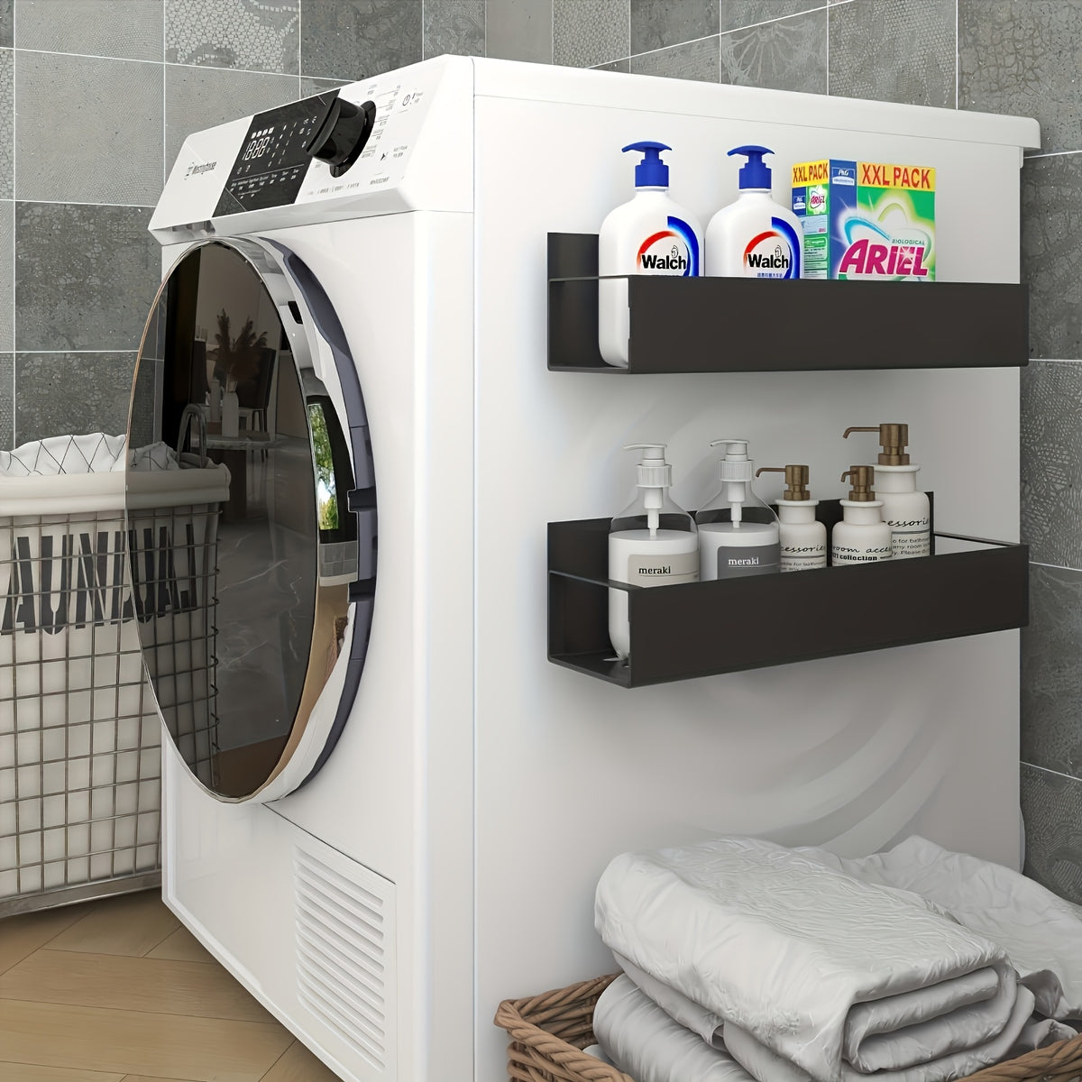 Two black magnetic shelves with washing powder on the side of the washing machine