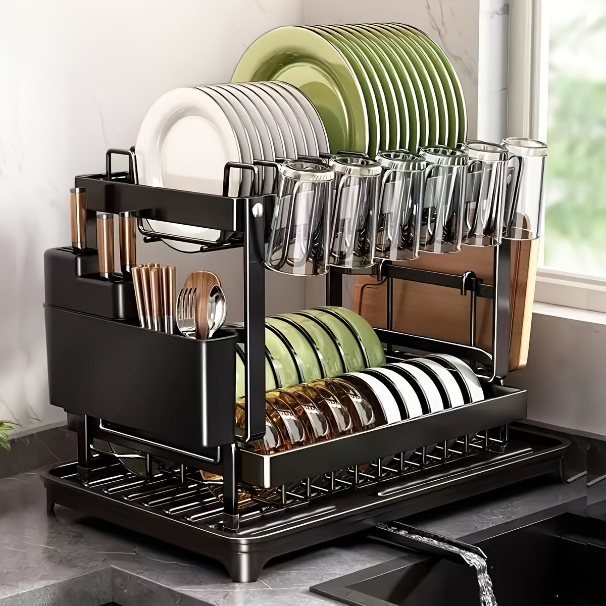 The two-tier dish rack full of washing-up by the sink