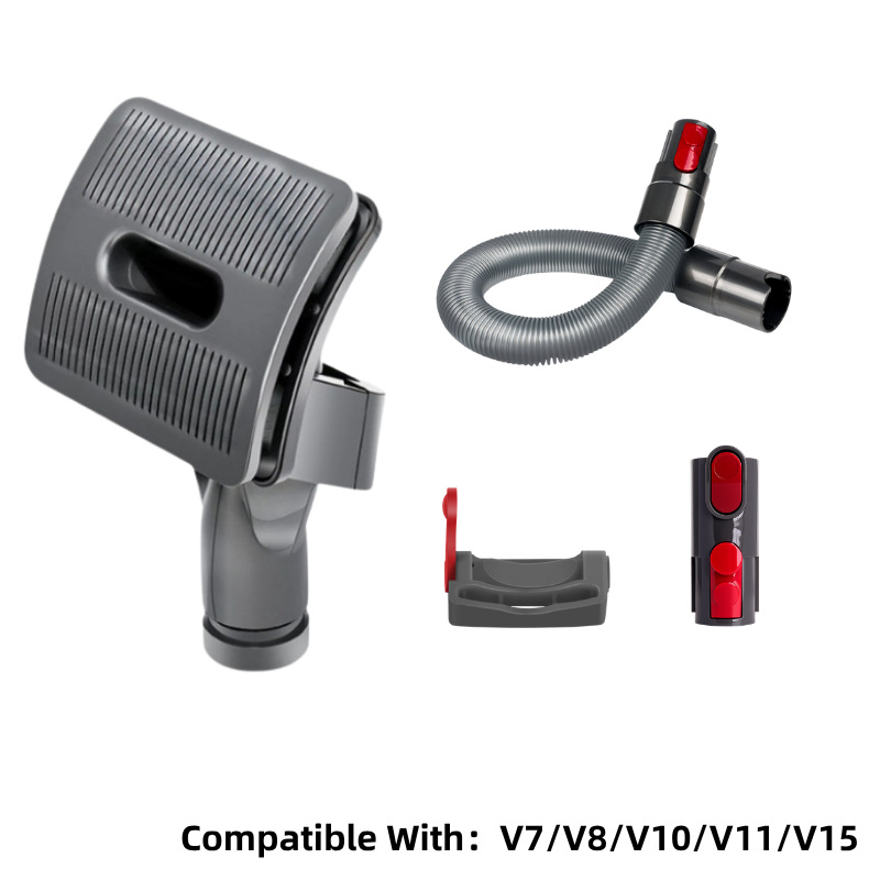 The kit's parts – brush head, hose and adaptors, marked V7–V15