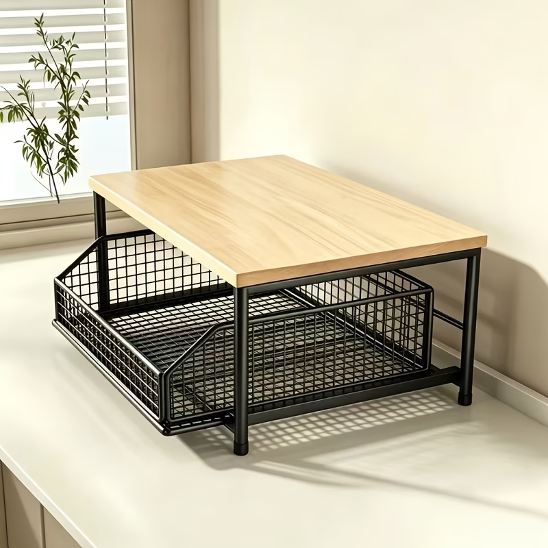 The countertop shelf with the basket pulled out
