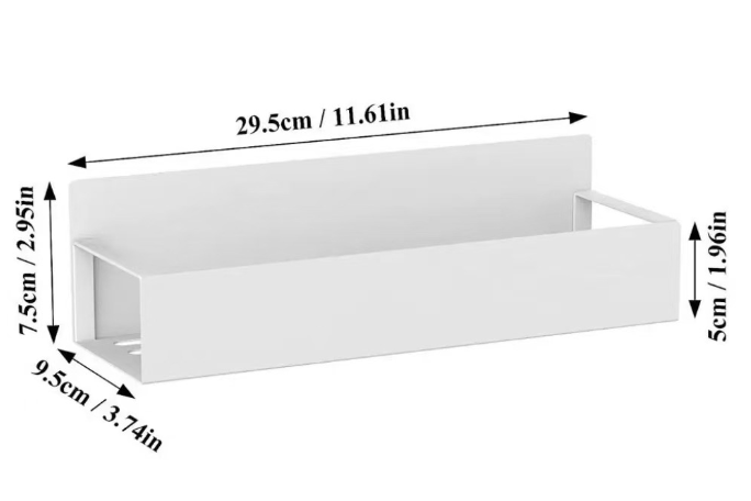 The white shelf with dimensions 29.5 × 9.5 × 7.5 cm