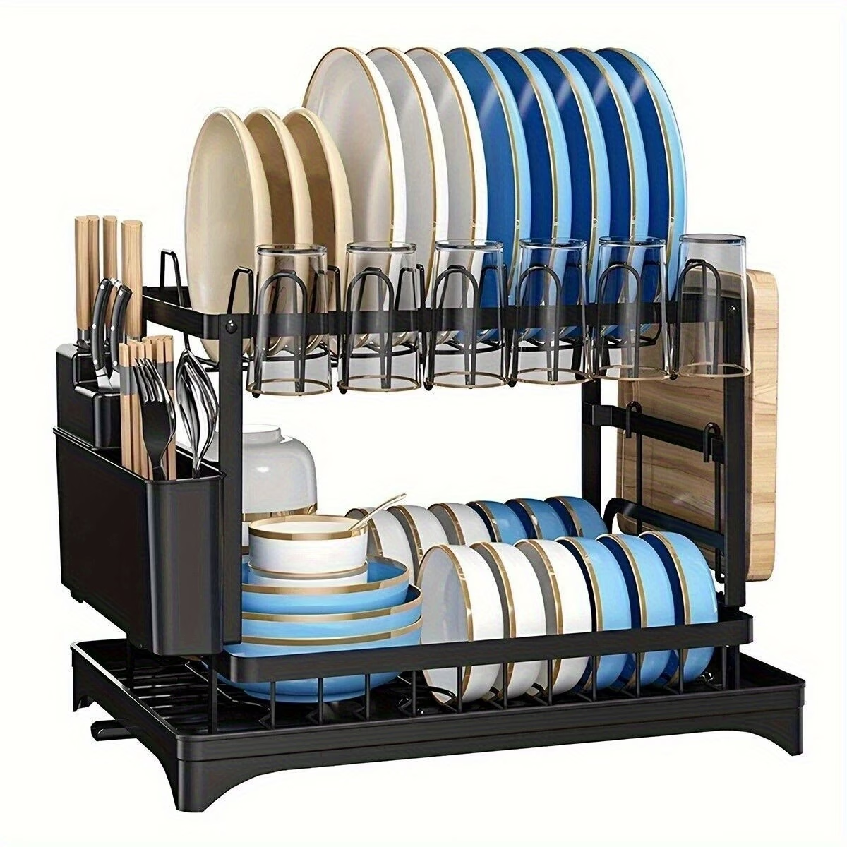 The dish rack with plates, glasses and cutlery in place