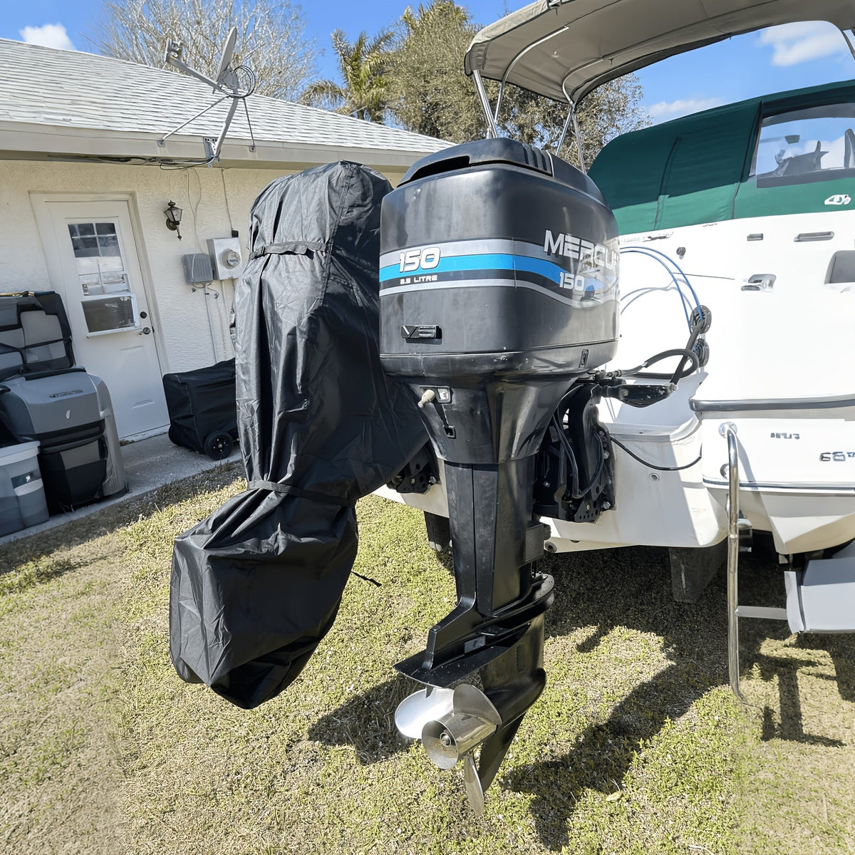 The cover on an outboard at the storage yard