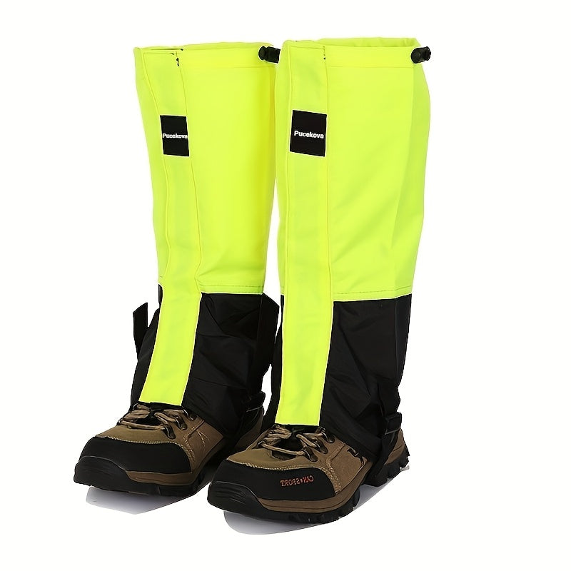 High-vis gaiters over hiking boots