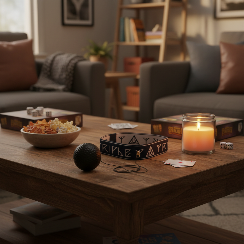 The headband ball on the coffee table on games night