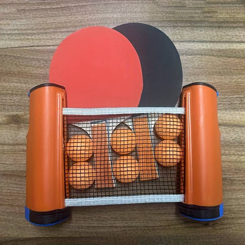 Retractable table tennis net with two paddles and six balls