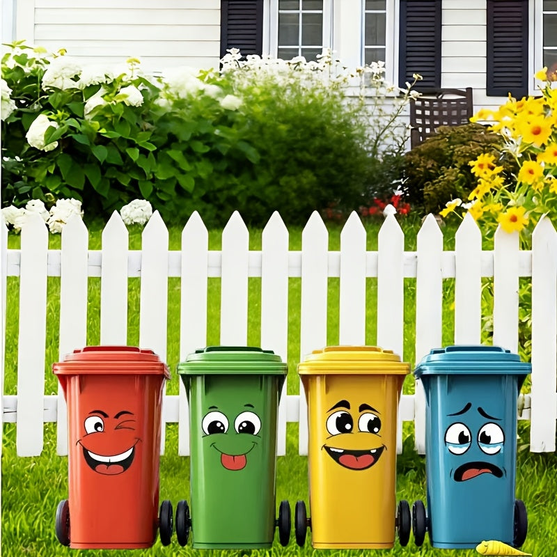 Four wheelie bin stickers with cartoon faces on grey bins