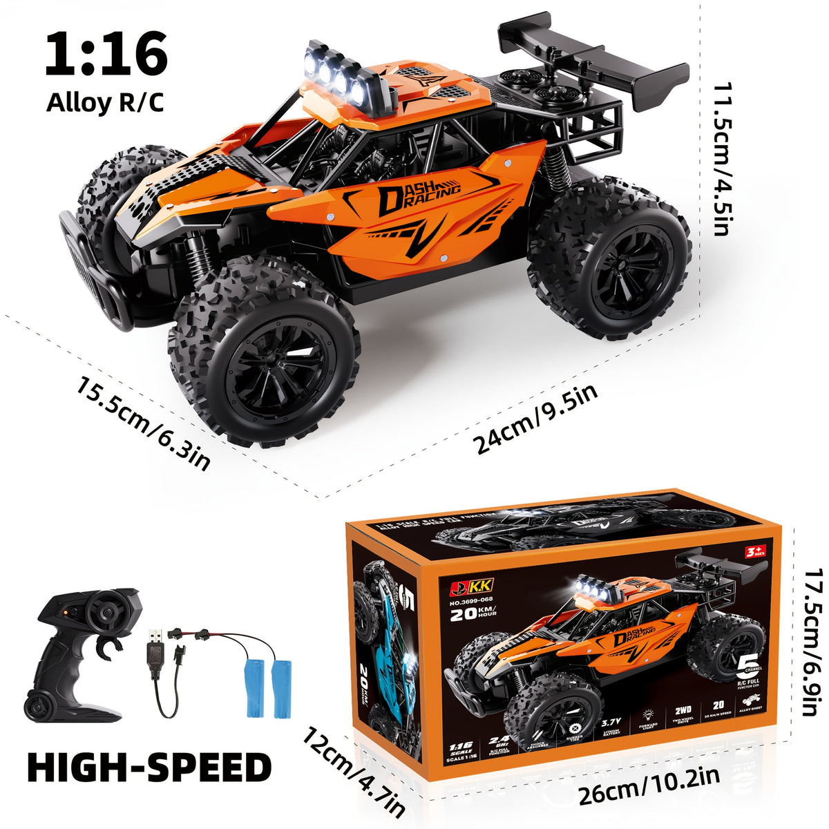 Remote control car, side view