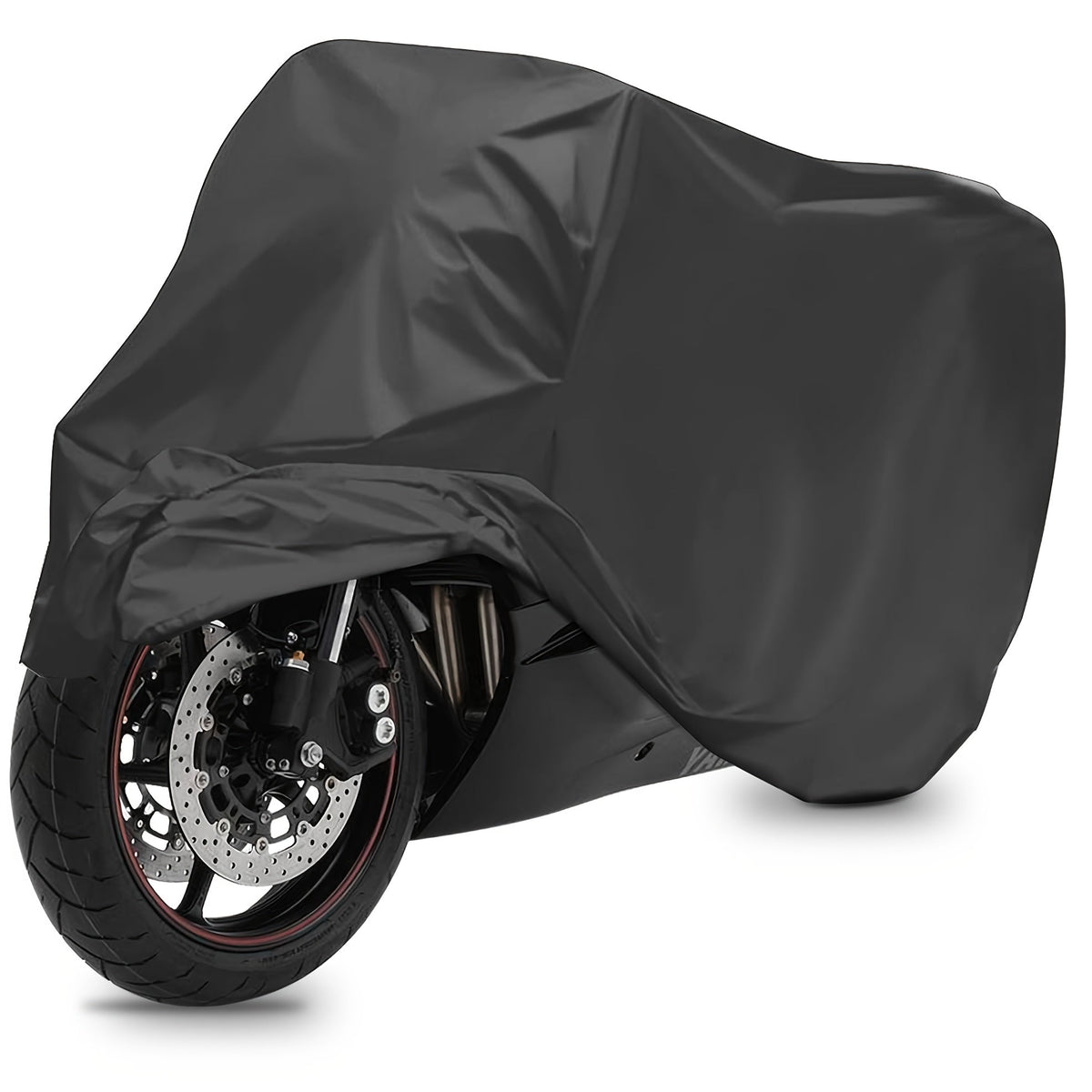 The cover over a motorcycle – rear wheel free