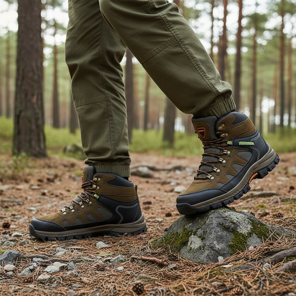 The boots mid-stride on a rocky forest trail
