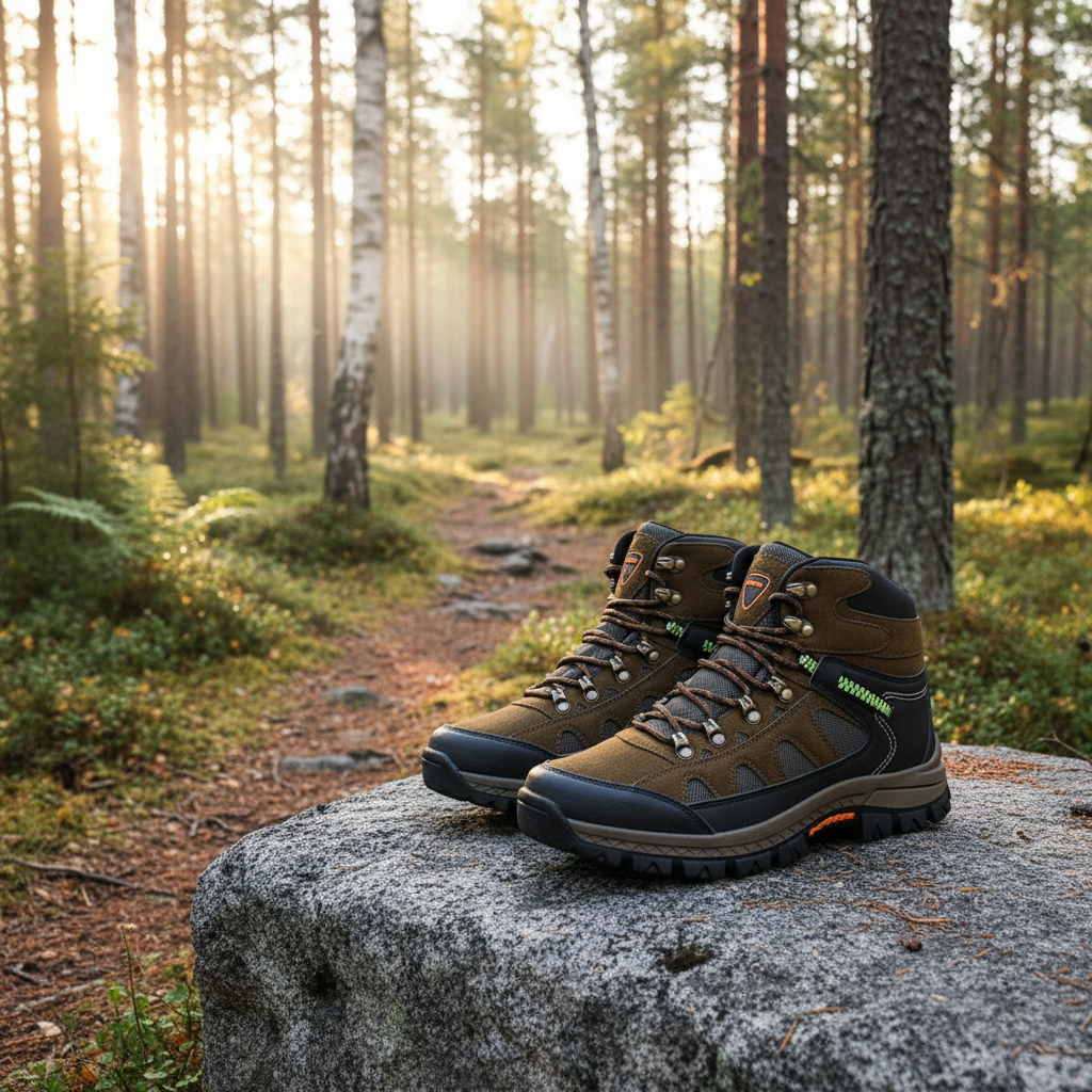 A pair of hiking boots on a rock beside the trail